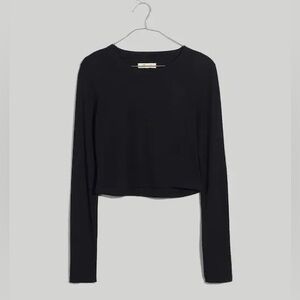 Madewell Fine Ribbed Supercrop Crewneck Long-Sleeve Tee, black/medium